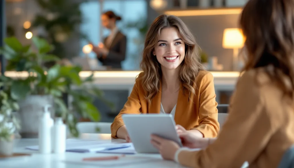 Representantes comerciais em reunião analisando produtos de beleza com documentos