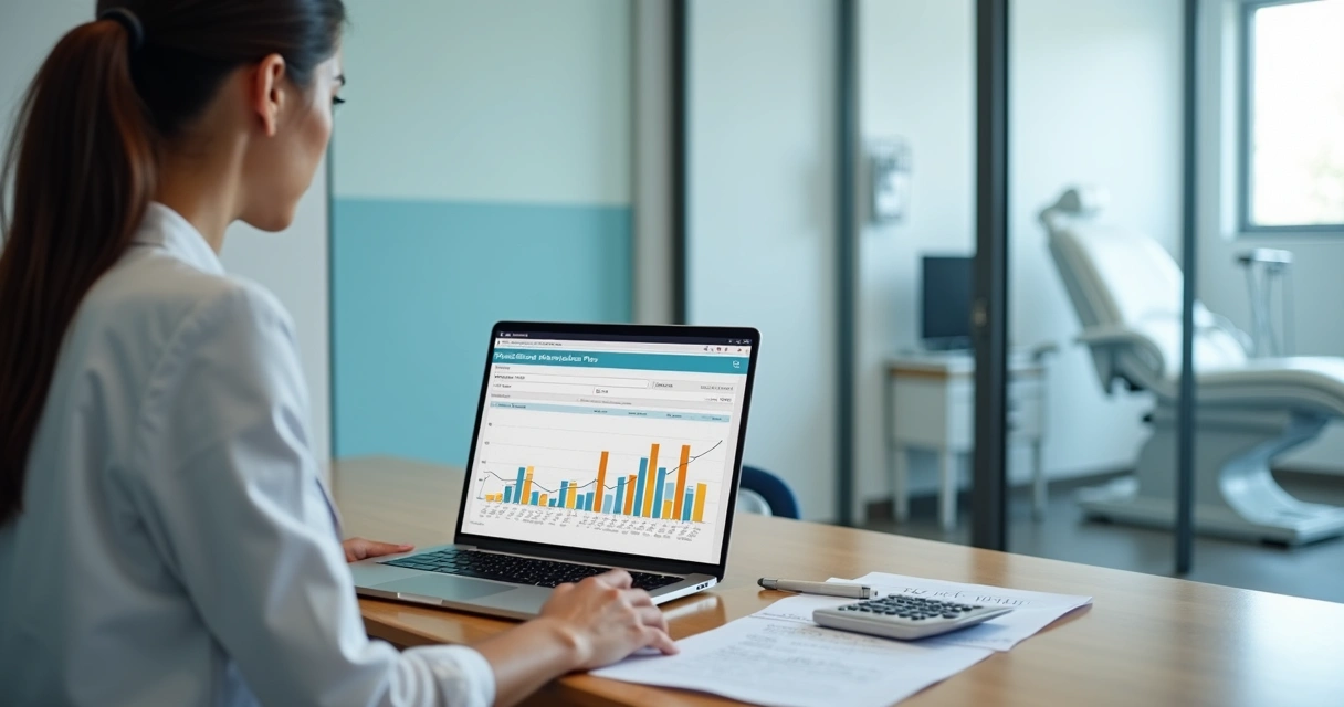 Gestora de clínica de saúde analisando DRE em notebook com gráficos financeiros na tela