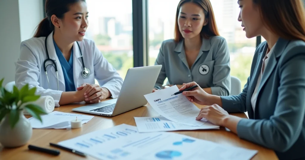 Profissionais de saúde e beleza analisando documentos de CNPJ com contador em escritório moderno