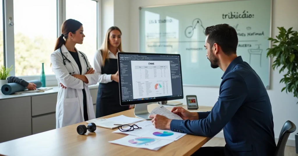 Contadora analisando CNAE para clínica de saúde e salão de beleza em ambiente moderno