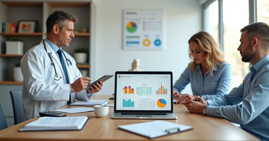 Profissionais de saúde em consultório discutindo finanças com contador digital