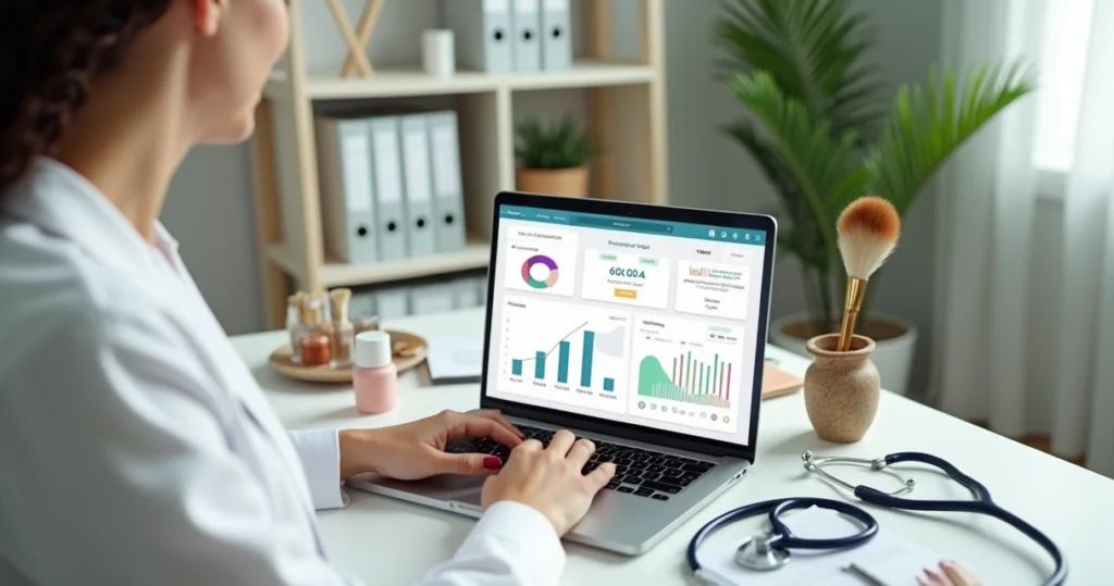 Contadora digital organiza guia DAS para profissionais de saúde e beleza na tela do notebook