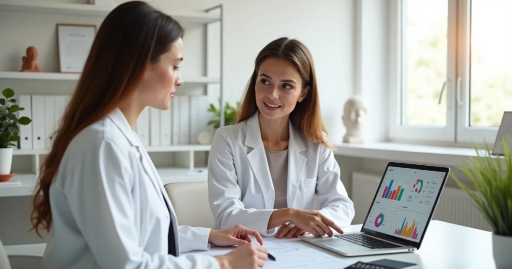 Profissional de estética consultando contadora sobre impostos em harmonização facial