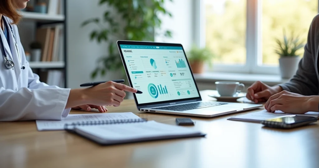 Profissional de saúde e cabeleireira revisando obrigações do e-Social em um notebook