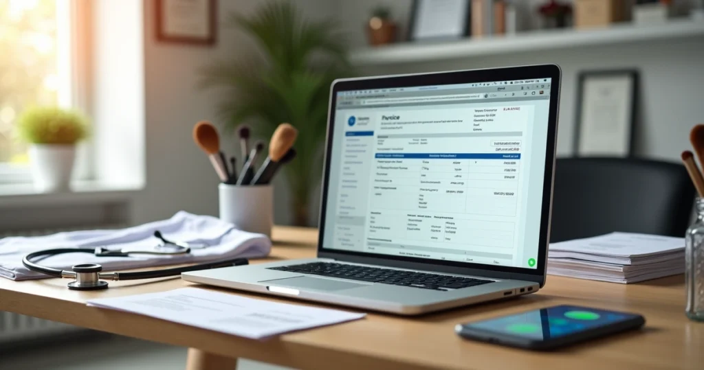 Profissional da área de saúde e beleza emitindo nota fiscal de serviços em computador