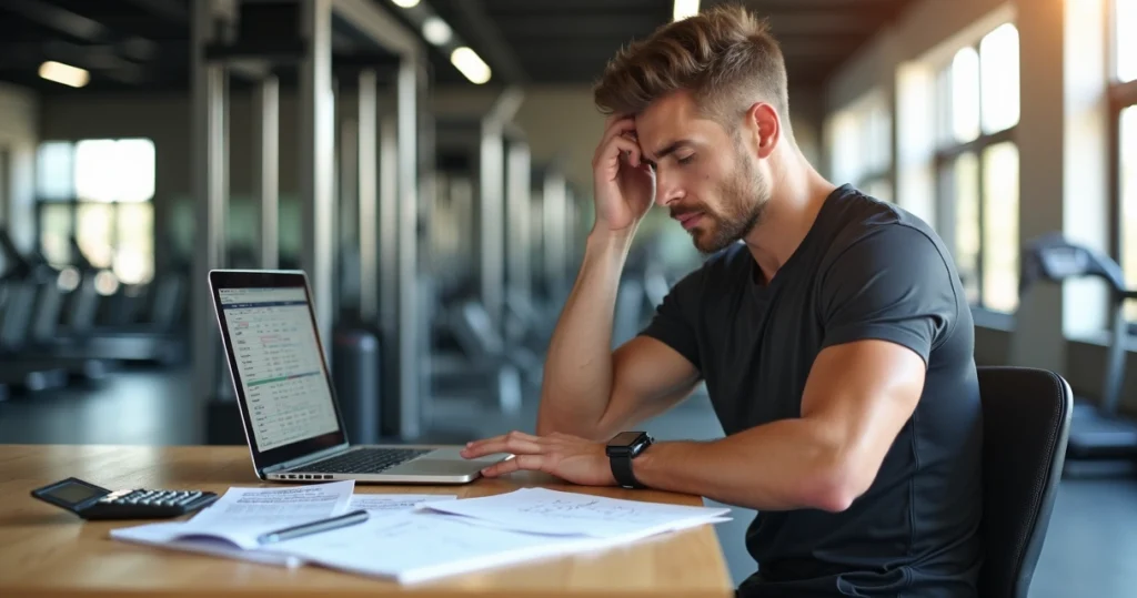 Personal trainer preocupado analisando planilhas financeiras na academia