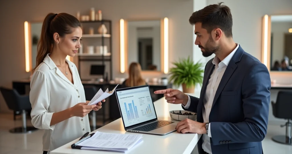 Dona de salão de beleza conferindo documentos fiscais com contador em laptop