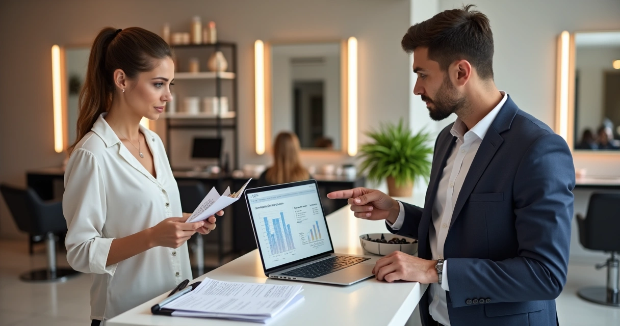 Dona de salão de beleza conferindo documentos fiscais com contador em laptop