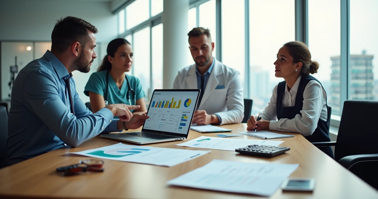 Contadora apresenta gráficos fiscais a profissionais de saúde e beleza em escritório moderno