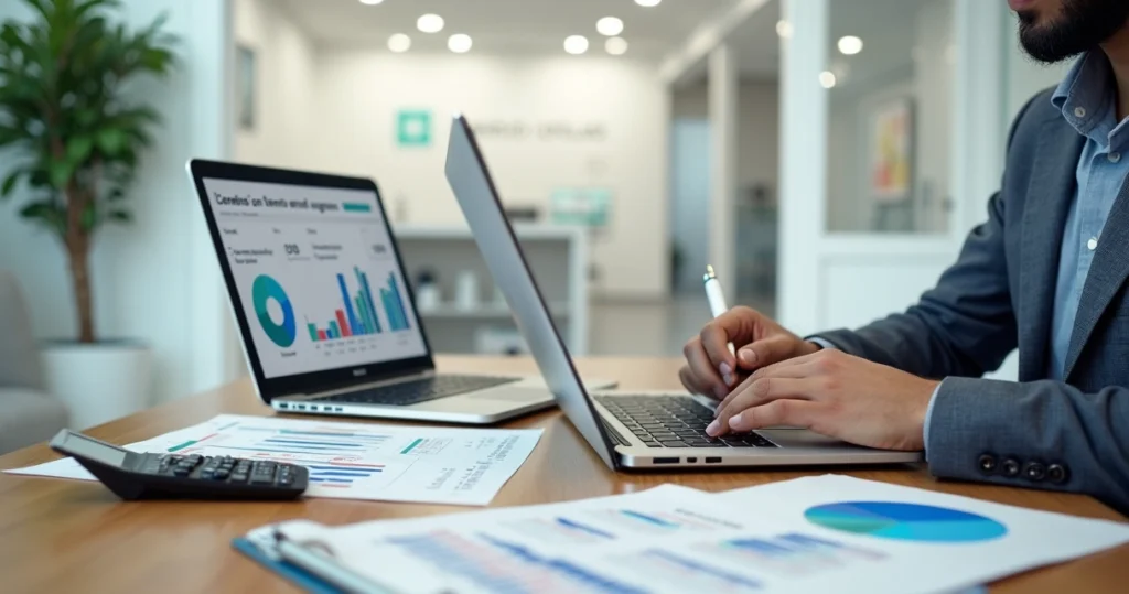 Contadora analisando gráficos de impostos para clínica de saúde em notebook