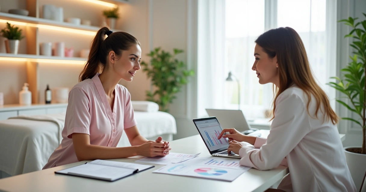Contadora orientando esteticista em clínica de estética moderna