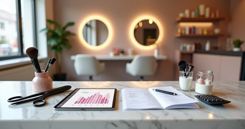 Ferramentas de beleza ao lado de materiais de contabilidade sobre bancada branca