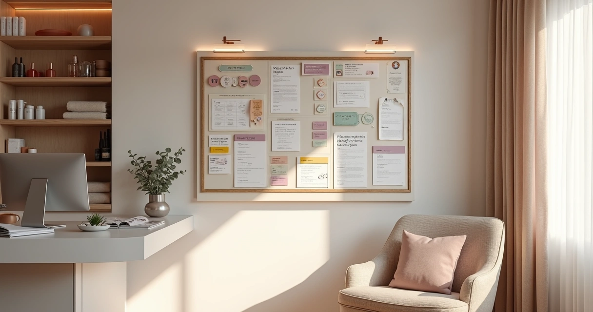 Quadro de controle financeiro colorido em parede de sala de estética moderna