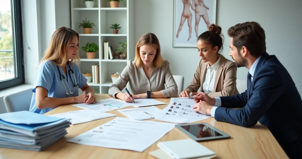 Mesa com profissionais da saúde e beleza planejando abertura de empresa com documentos e tablet