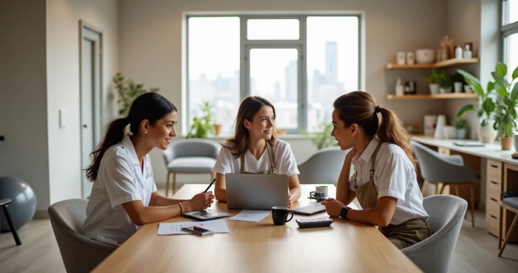 Profissionais de saúde e beleza em espaço compartilhado com contador digital