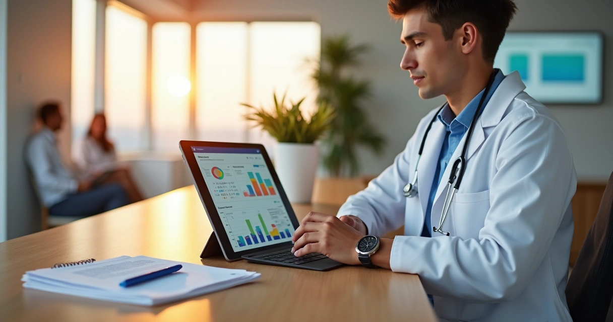 Profissional da saúde analisando planejamento tributário digital em clínica moderna