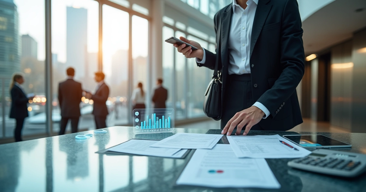 Representante comercial revisa contratos e impostos em ambiente corporativo moderno