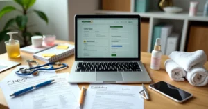 Mesa com documentos de CNPJ e itens de saúde e beleza organizados