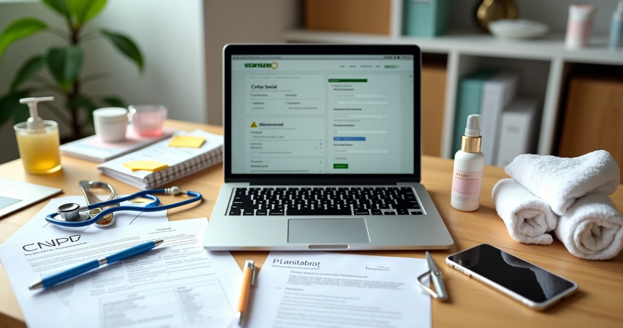 Mesa com documentos de CNPJ e itens de saúde e beleza organizados