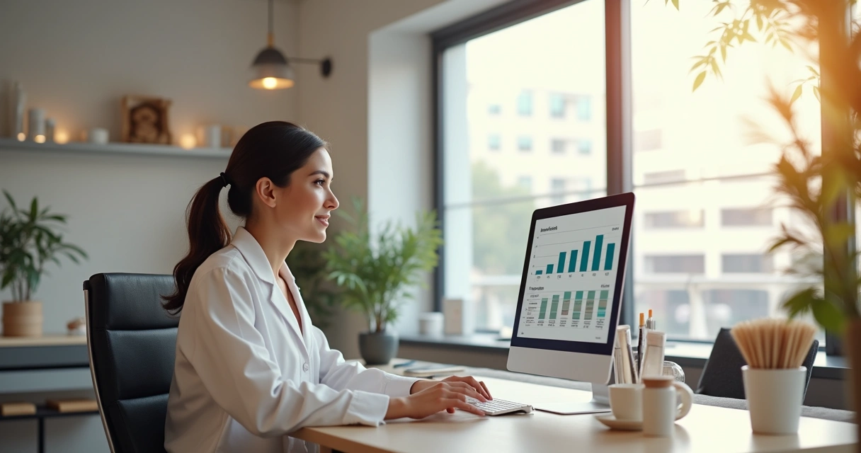 Profissional analisando gráficos financeiros no computador, ambiente de estética 