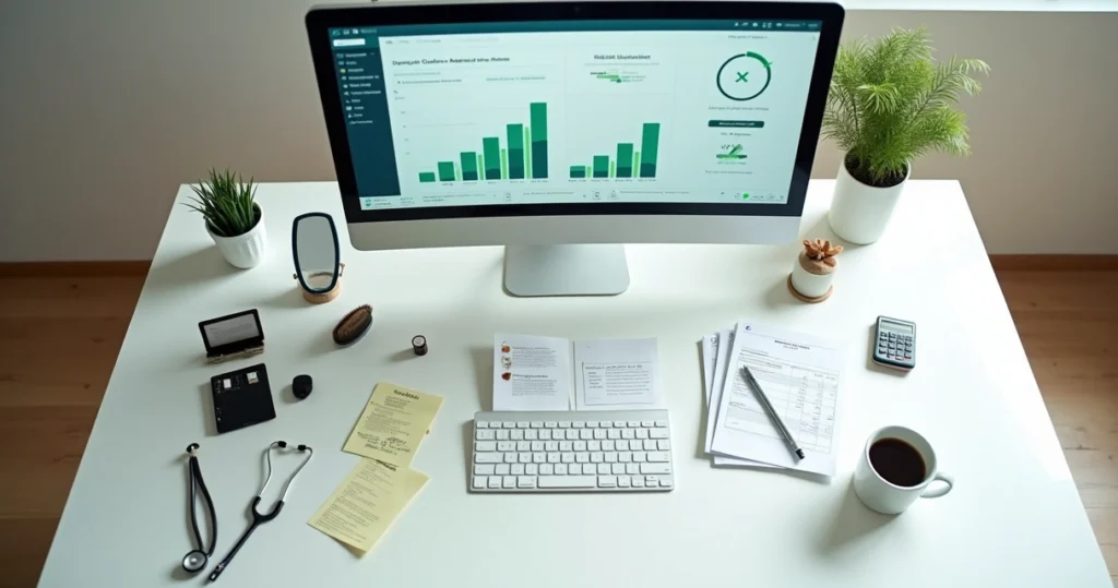 Painel digital com gráficos fiscais ao lado de itens de saúde e beleza