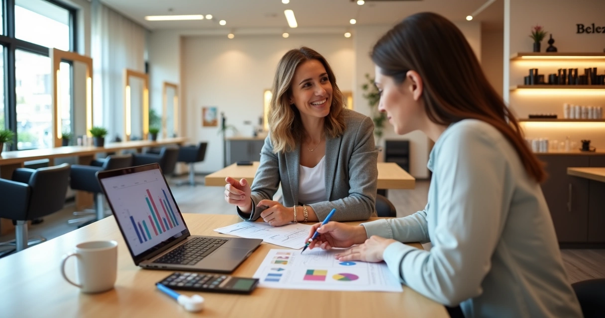 Contadora analisando finanças em notebook dentro de salão de beleza moderno