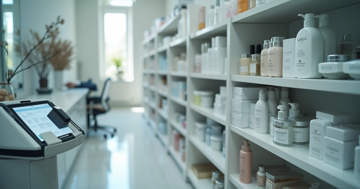 Estante organizada com produtos de estética e beleza e sistema eletrônico de controle de estoque 