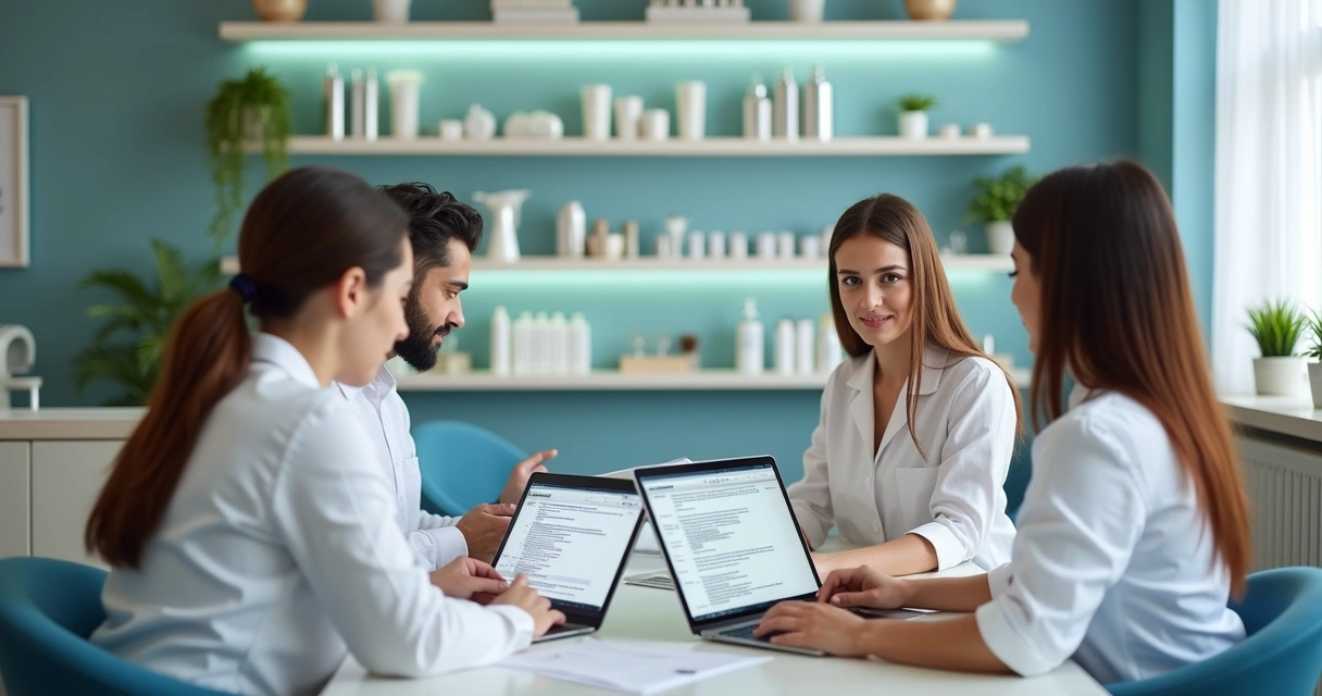 Profissionais em ambiente de salão e clínica discutindo documentos digitais 