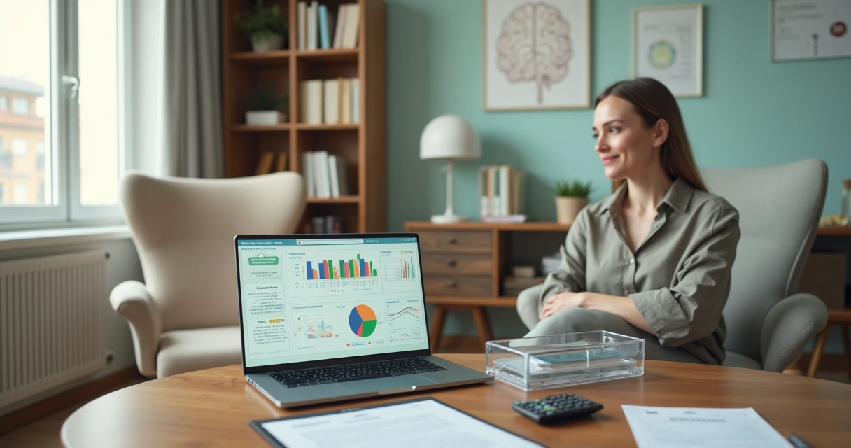 Psicóloga em consultório avaliando gráficos financeiros com blocos de anotações ao lado