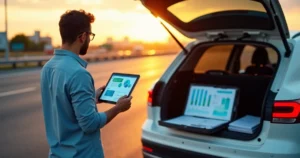Representante comercial observa gráficos financeiros em tablet ao lado de rodovia