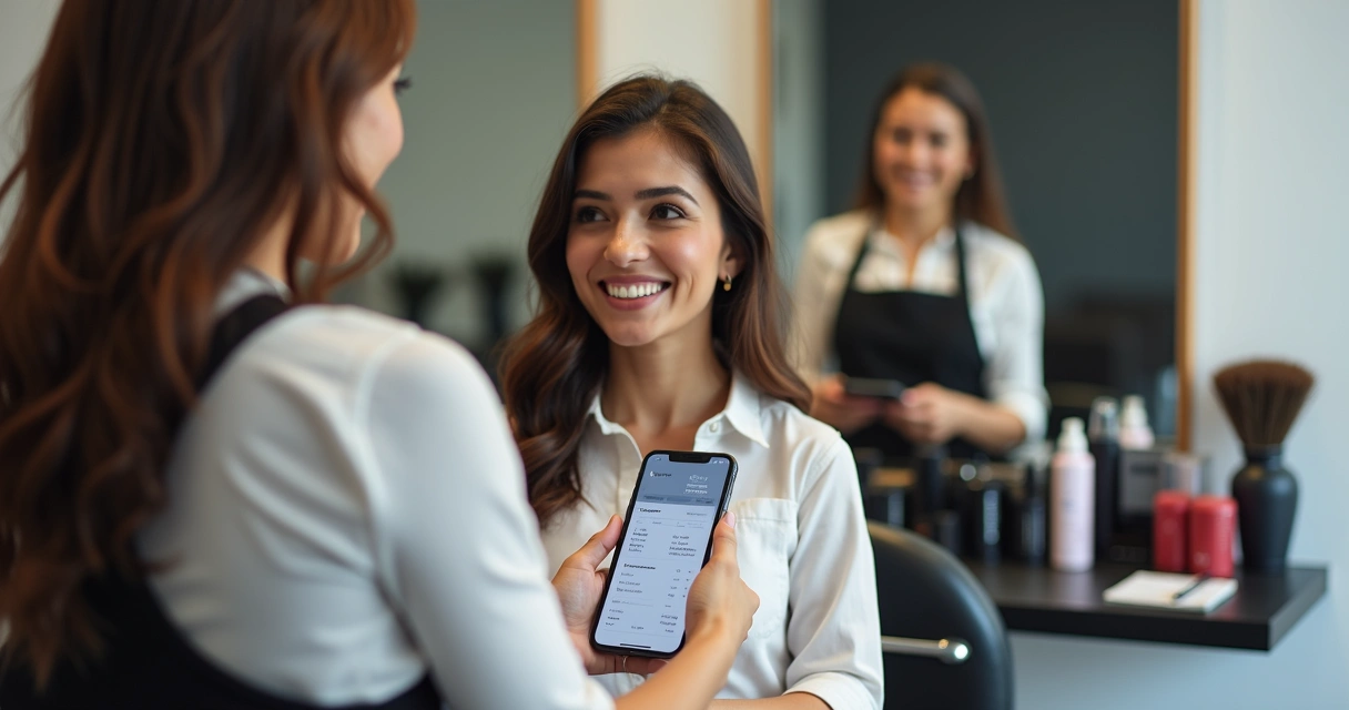 Cliente em salão de beleza recebendo nota fiscal digital no celular 