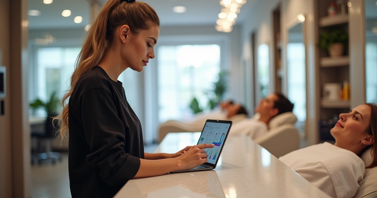 Profissional de estética usando tablet para gestão financeira digital no salão 