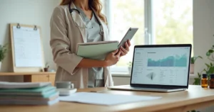Profissional da saúde segura pastas e tablet digital organizando transição de contabilidade