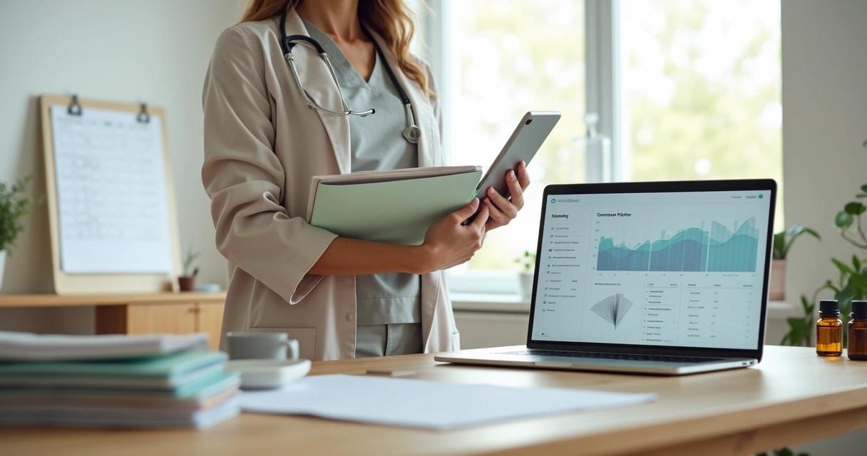 Profissional da saúde segura pastas e tablet digital organizando transição de contabilidade
