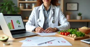 Nutricionista organiza planejamento de impostos com alimentos saudáveis na mesa
