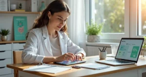 Nutricionista em consultório analisando finanças em tablet com símbolos de imposto ao fundo