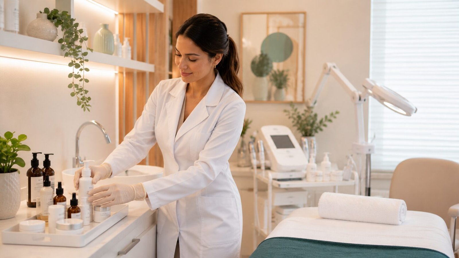 Esteticista de jaleco organizando produtos em sala de procedimentos limpa e regularizada