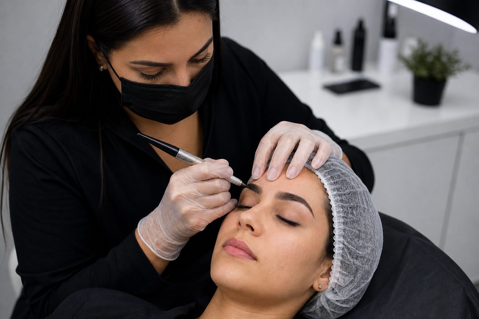 Micropigmentadora realizando procedimento em estúdio profissional de micropigmentação