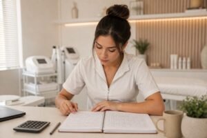 Esteticista analisa o ponto de equilíbrio financeiro do consultório consultando anotações em caderno
