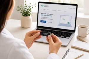 Mãos de profissional de saúde segurando token de certificado digital com tela de nota fiscal eletrônica ao fundo