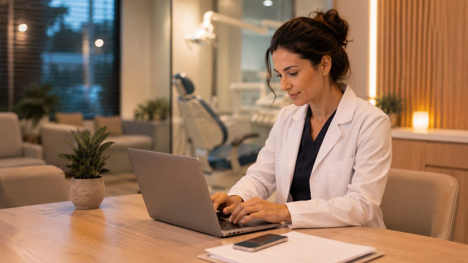 Dentista autônomo organizando rendimentos mensais em notebook no consultório