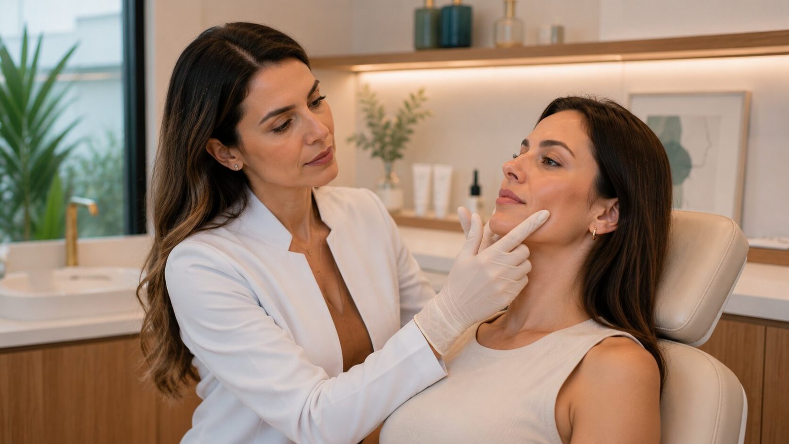 Dentista analisando o rosto de paciente antes de procedimento de harmonização orofacial
