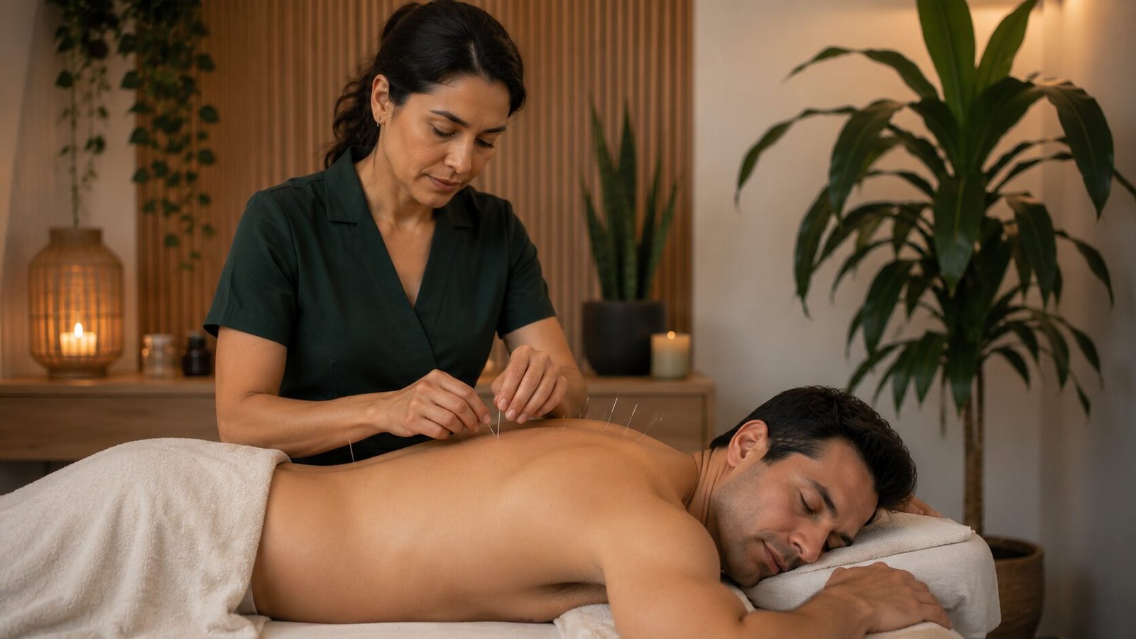 Terapeuta aplicando agulhas de acupuntura nas costas de paciente relaxado em clínica integrativa