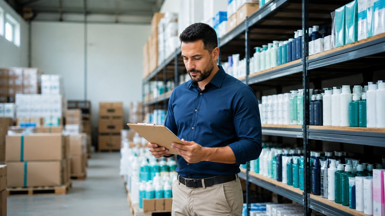 Gestor de distribuidora conferindo documentos com prateleiras de produtos ao fundo