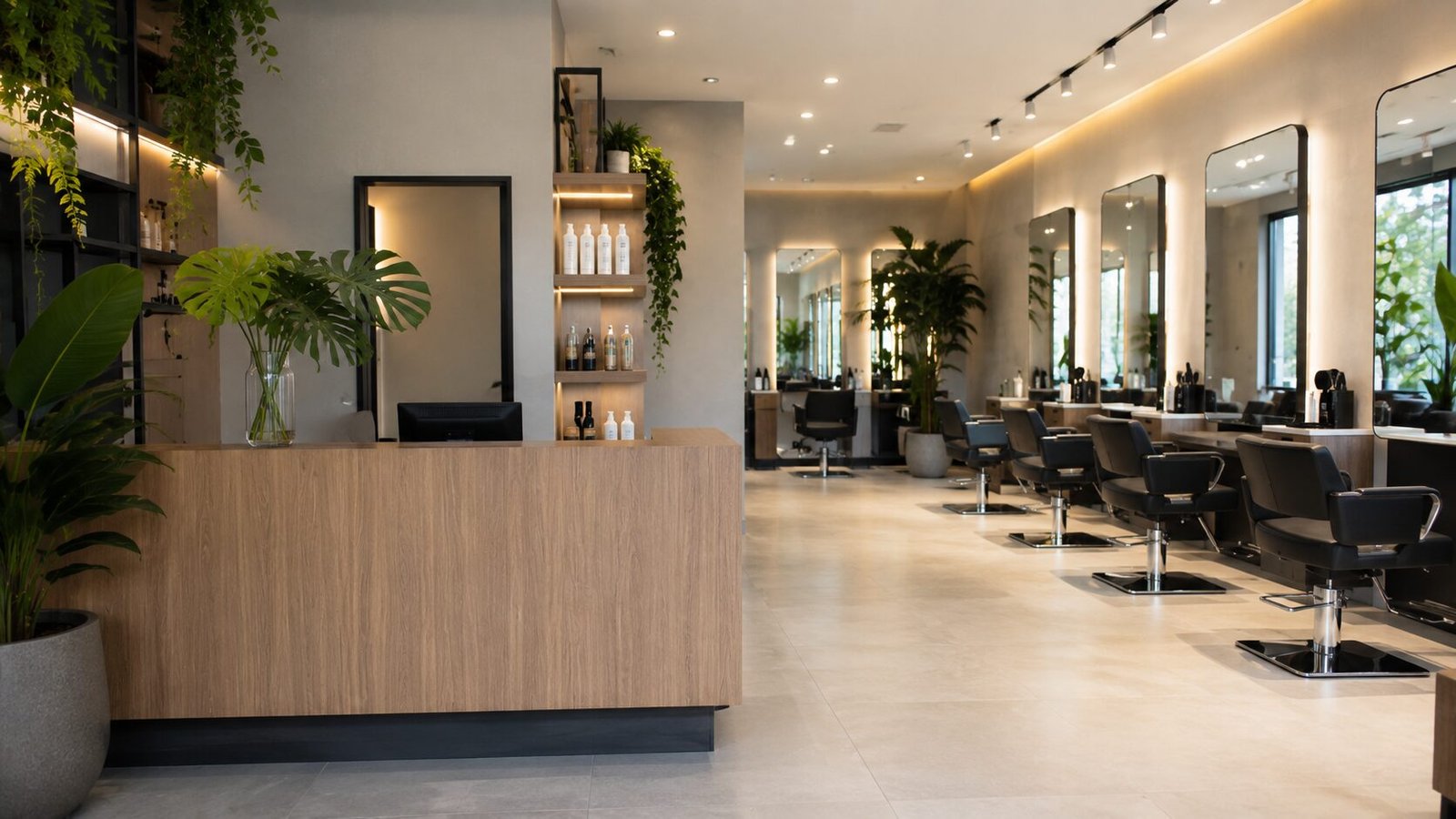 Recepção de salão de beleza moderno e organizado, com estações de atendimento ao fundo