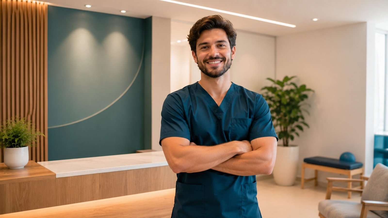 Fisioterapeuta sorrindo na recepção da própria clínica recém-aberta