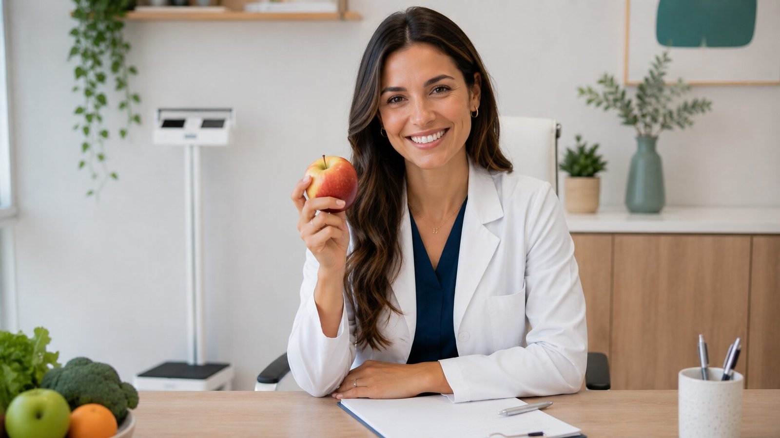 Nutricionista sorridente em consultório de nutrição claro segurando uma maçã, com balança ao fundo