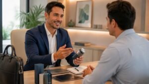 Representante comercial de terno apresentando produtos com maleta para um cliente