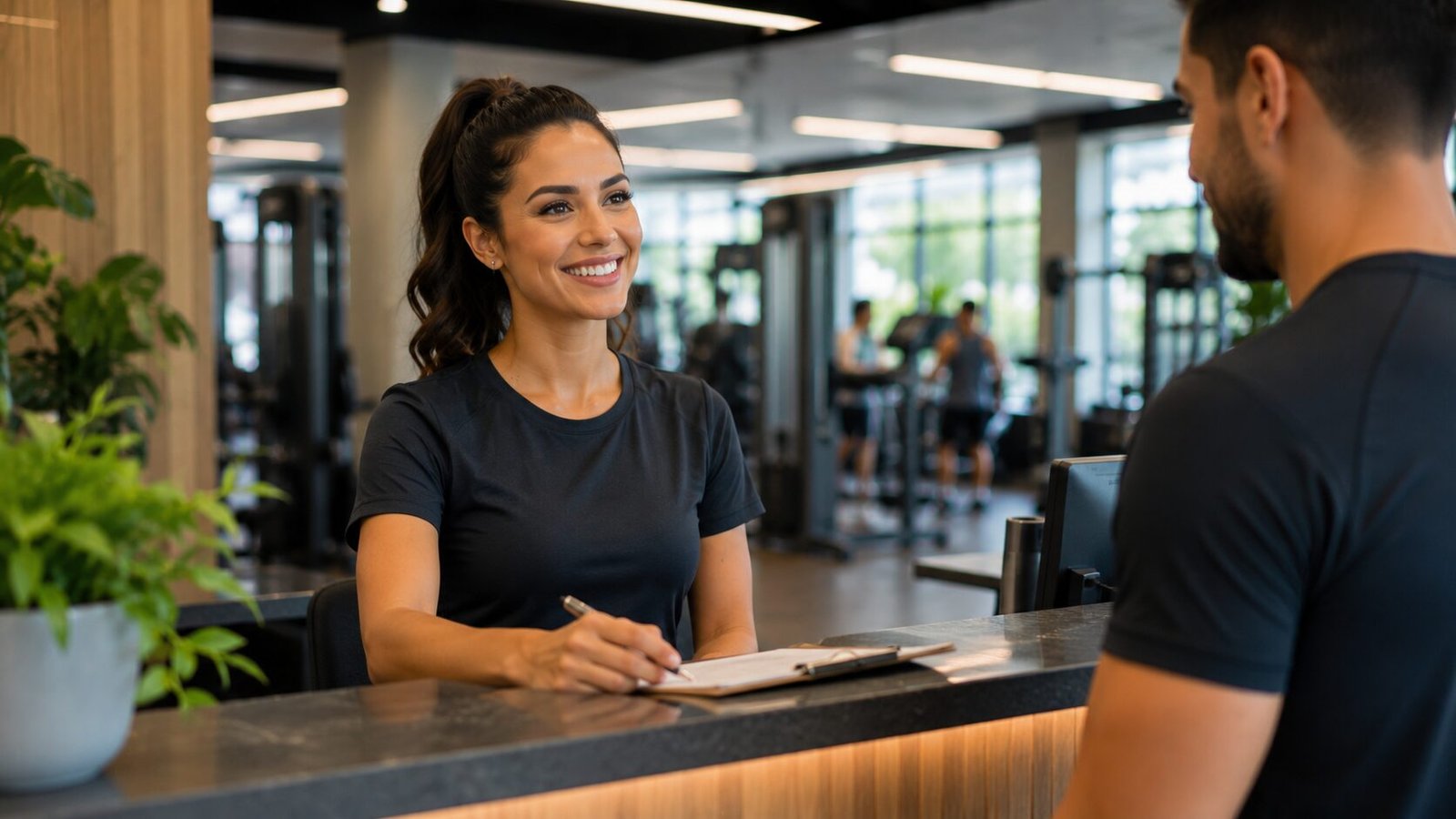 Recepcionista atendendo cliente na recepção de academia moderna, com equipamentos ao fundo