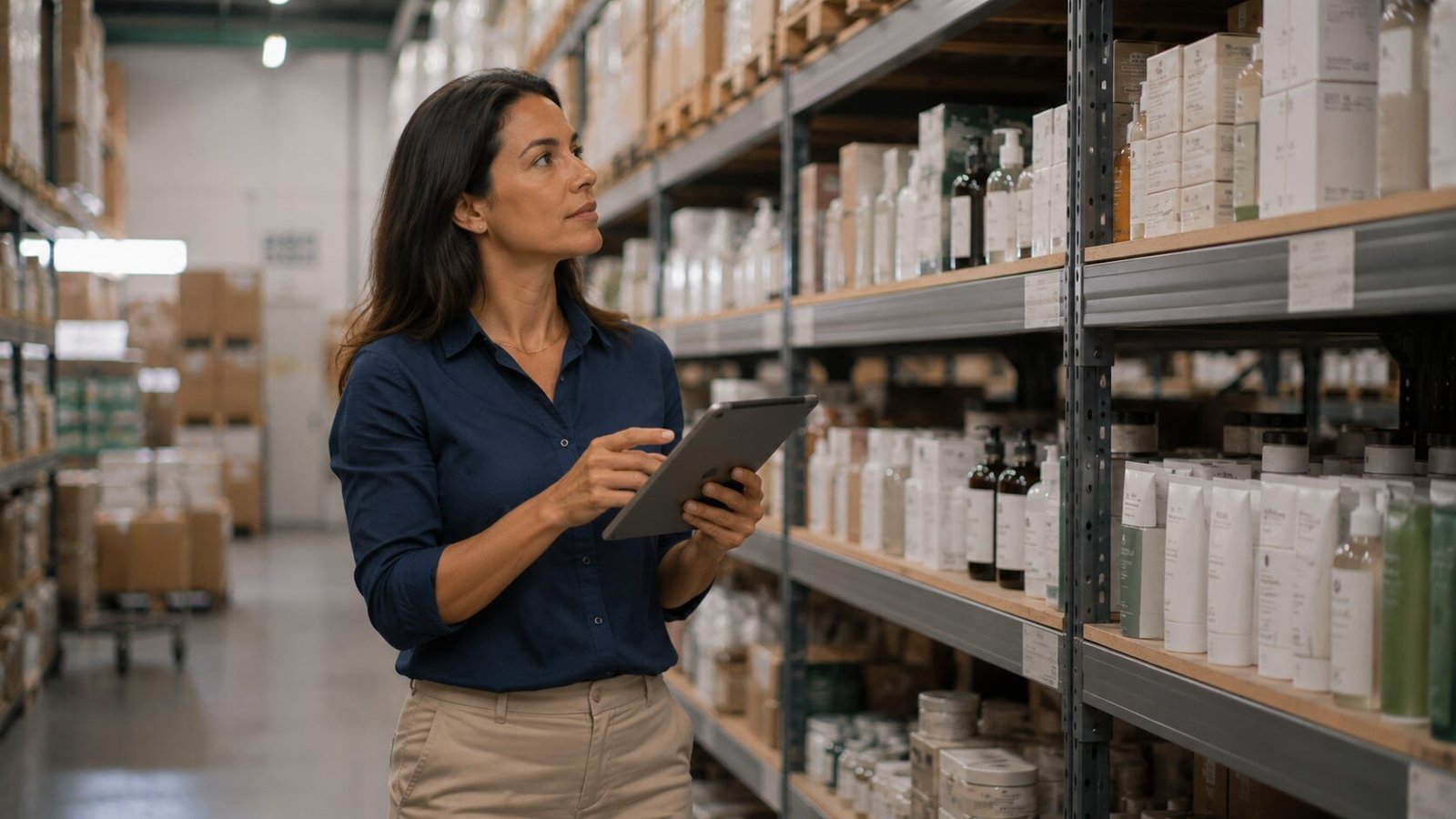 Gestora de distribuidora conferindo estoque de produtos de saúde e beleza em armazém organizado